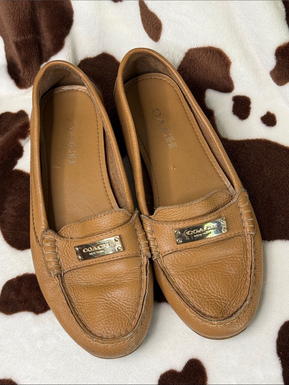 Coach Tan Leather Penny Loafers with Gold Plaque
